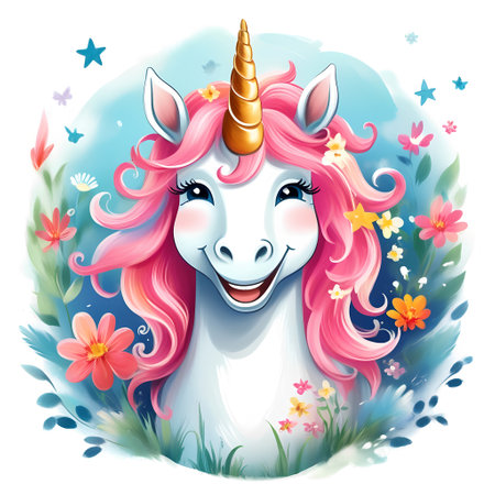 Cute cartoon unicorn with pink hair and flowers, vector illustration.の素材