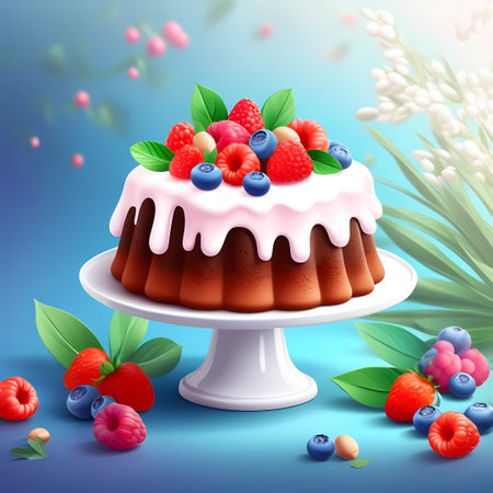 Cake with berries and leaves on blue background. Vector illustration.の素材
