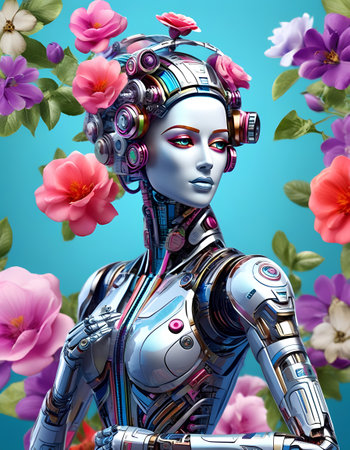 3D rendering of a female robot with pink flowers on blue backgroundの素材