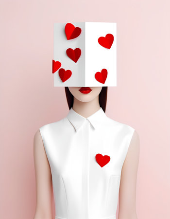 Woman with paper hearts on her face. Valentine's day concept.の素材