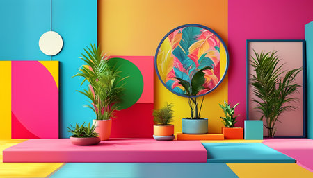 3d render, abstract background, modern minimal design, green plants in potsの素材