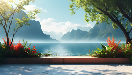 3d render of terrace with sea view and mountain background.の素材