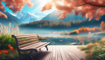 Wooden bench against tranquil lake in mountain landscape 3d-illustrationの素材