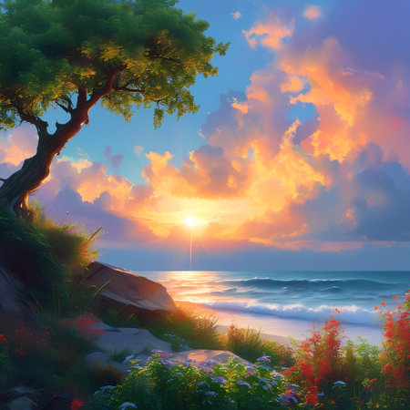 Beautiful seascape with a tree on a sunset background.の素材