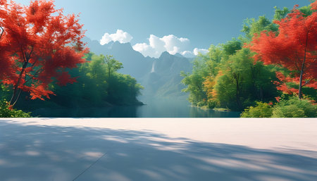 3d render of landscape with lake, forest and mountain in autumnの素材