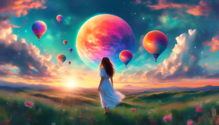 Beautiful young woman in a white dress with flying balloons in the sky.の素材