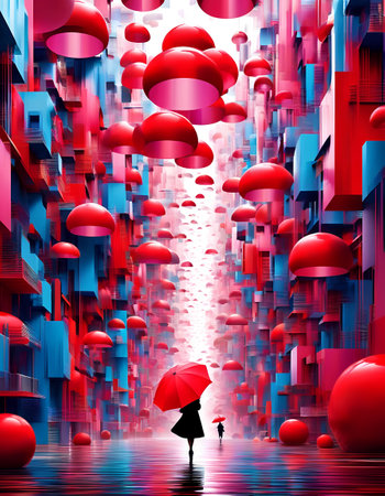 Businesswoman with red umbrella in the city. 3D illustration.の素材