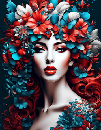 Portrait of a beautiful woman with flowers in her hair. Beauty, fashion.の素材