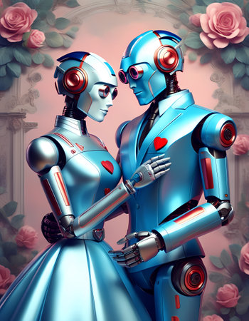Robot couple in love. Valentine's day. 3D renderingの素材