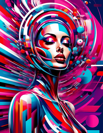 3d illustration of a beautiful woman with colorful hair and make upの素材
