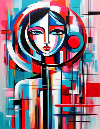 Abstract colorful portrait of a beautiful woman on a background of geometric shapesの素材