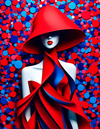Fashion illustration of a beautiful woman in a red hat on a background of confetti.の素材