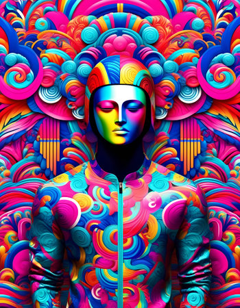 Abstract colorful woman face. 3D illustration. Psychedelic design.の素材