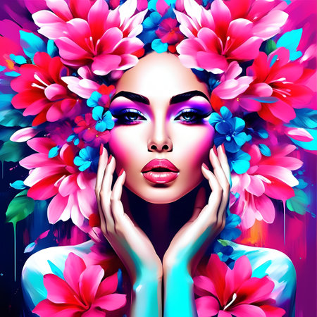 Fashion portrait of beautiful woman with bright make-up and flowers in her hair.の素材