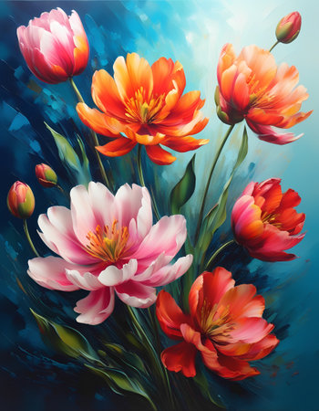 Colorful spring flowers on a blue background. Tulips and peonies.の素材