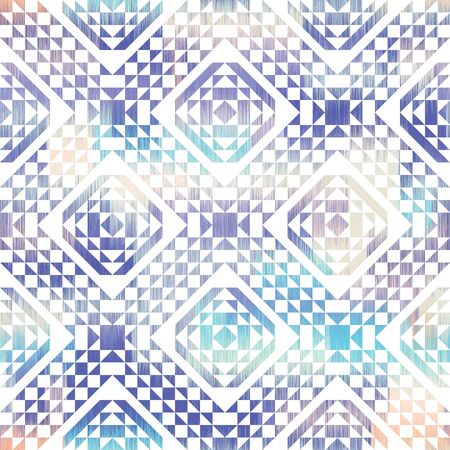 Softly boho textured seamless geometric repeat vector pattern in blush pink and blue.  White triangles and squares mixed with a textured background in a tribal ethnic style.  Kilim like tile shapes.のイラスト素材