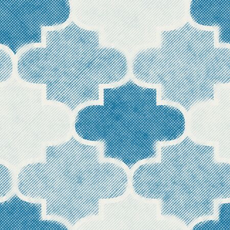 Seamless hand drawn blue pen ink crosshatch Moroccan tile pattern design. Detailed markings that form a blueprint draft or carbon copy like artistic effect. Seamless repeat raster jpg pattern swatch.の写真素材