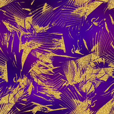 Gold glitter and purple tropical seamless pattern