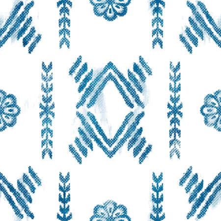 Seamless blue crosshatch tribal rug motif pattern.の写真素材