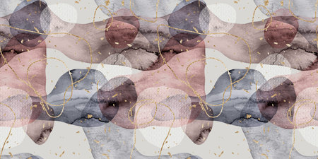 Seamless watercolor abstract organic blob shape overlay with gold lines and flecks border patternの写真素材