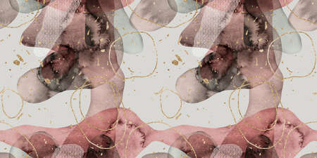 Seamless watercolor abstract organic blob shape overlay with gold lines and flecks border patternの写真素材