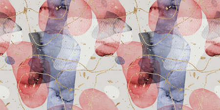 Seamless watercolor abstract organic blob shape overlay with gold lines and flecks border patternの写真素材