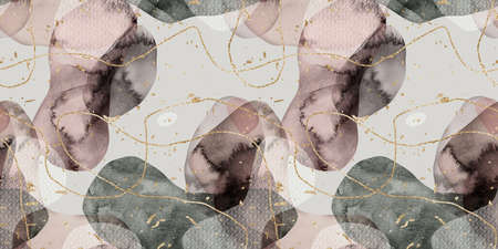 Seamless watercolor abstract organic blob shape overlay with gold lines and flecks border patternの写真素材