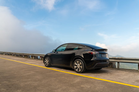 Tesla parked on the mountain road