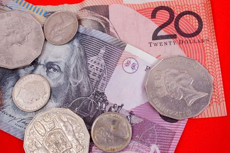 australian currency on red backgroundの写真素材