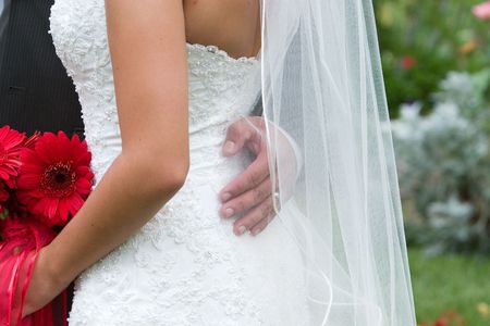 groom embraces beatiful birde (and her beautiful dress)の写真素材