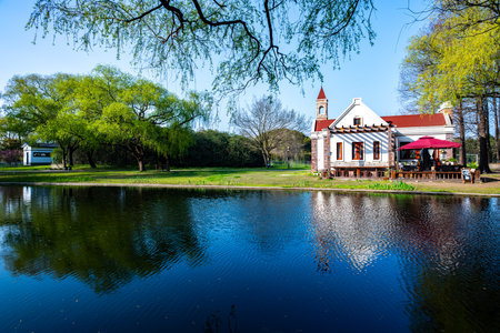 Beautiful view of the lake and the old house in the parkの写真素材