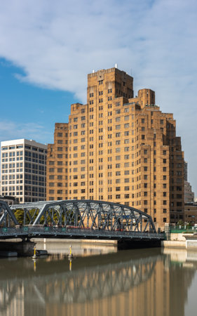 Buildings along the Mississippi River in downtown New Orleans, Louisiana.の写真素材