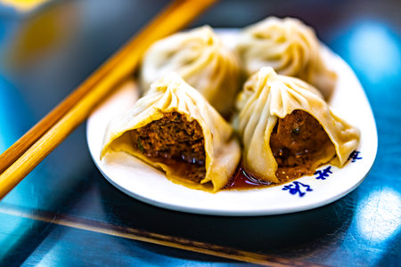 Fried dumplings stuffed with minced pork, meat and vegetablesの写真素材