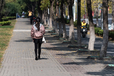 Unidentified people walk in the park.の写真素材