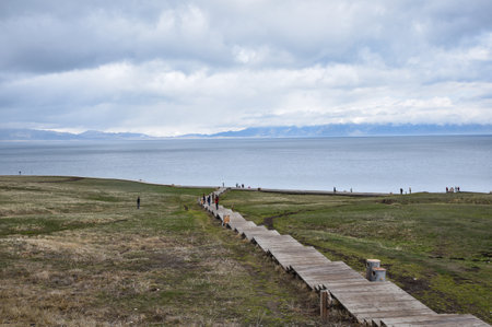 Wooden walkway on the coast of Lake Tekapo, New Zealandの写真素材