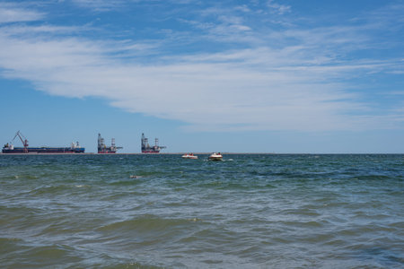 Cargo ships and tugboats on the seashore under blue sky
