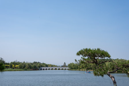 Landscape view of a lake with trees and a bridge in Chinaの写真素材