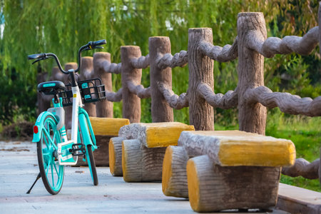 Bicycle parked in the park on the wooden bridge with wooden fenceの写真素材