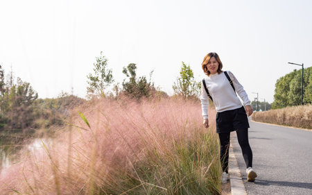 Woman walking on the road with pink grasses in the background.の写真素材