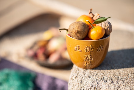 Kumquat in a clay pot on the stone table.