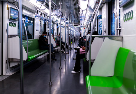 Inside the Bangkok Mass Rapid Transit (MRT) train in Bangkok, Thailand.の写真素材