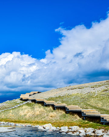 Wooden deck on the shore of the lake under the blue sky