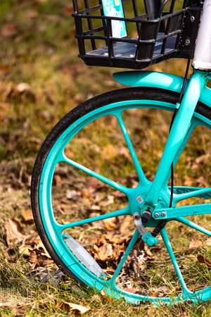 Close up of a blue bicycle in the autumn park. Selective focus.