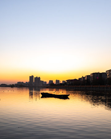 Sunset at the seaside, Luannan County, Hebei Province, Chinaの写真素材