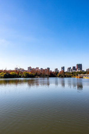 View of a lake in a park, Beijing, china.の写真素材