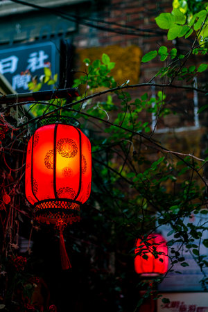 Chinese lanterns on the street in the old town of Taipei, Taiwan.の写真素材
