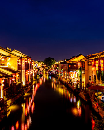 Ancient town of Fenghuang at night, Hunan Province, Chinaの写真素材