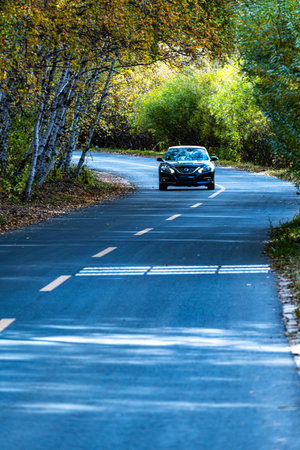 car on the road in autumn forest. beautiful landscape with trees and roadの写真素材