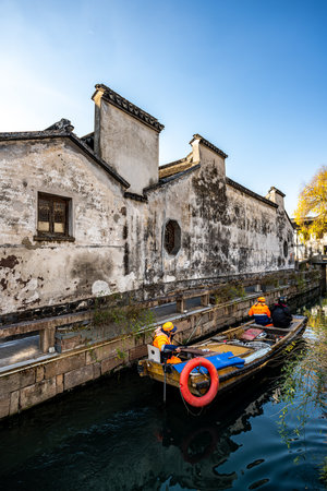 Tourist boats in Wuzhen old town.の写真素材