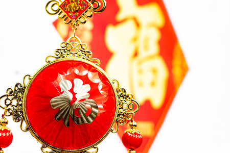 Chinese New Year decoration on white background, closeup of photo.の写真素材